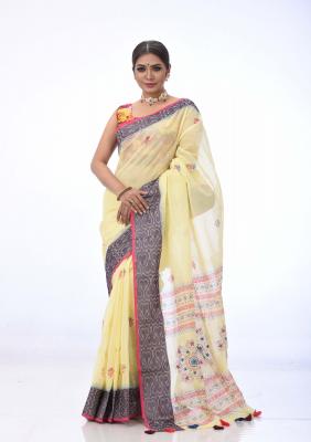 Yellow Cotton Saree Printed And Embroidered