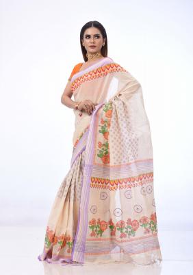 Off White Cotton Saree Printed And Embroidered