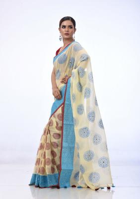 Beige Cotton Saree Printed And Embroidered
