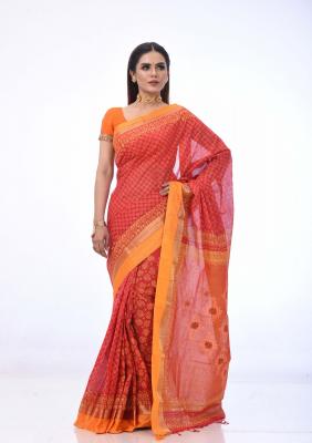 Red Cotton Saree Printed And Embroidered