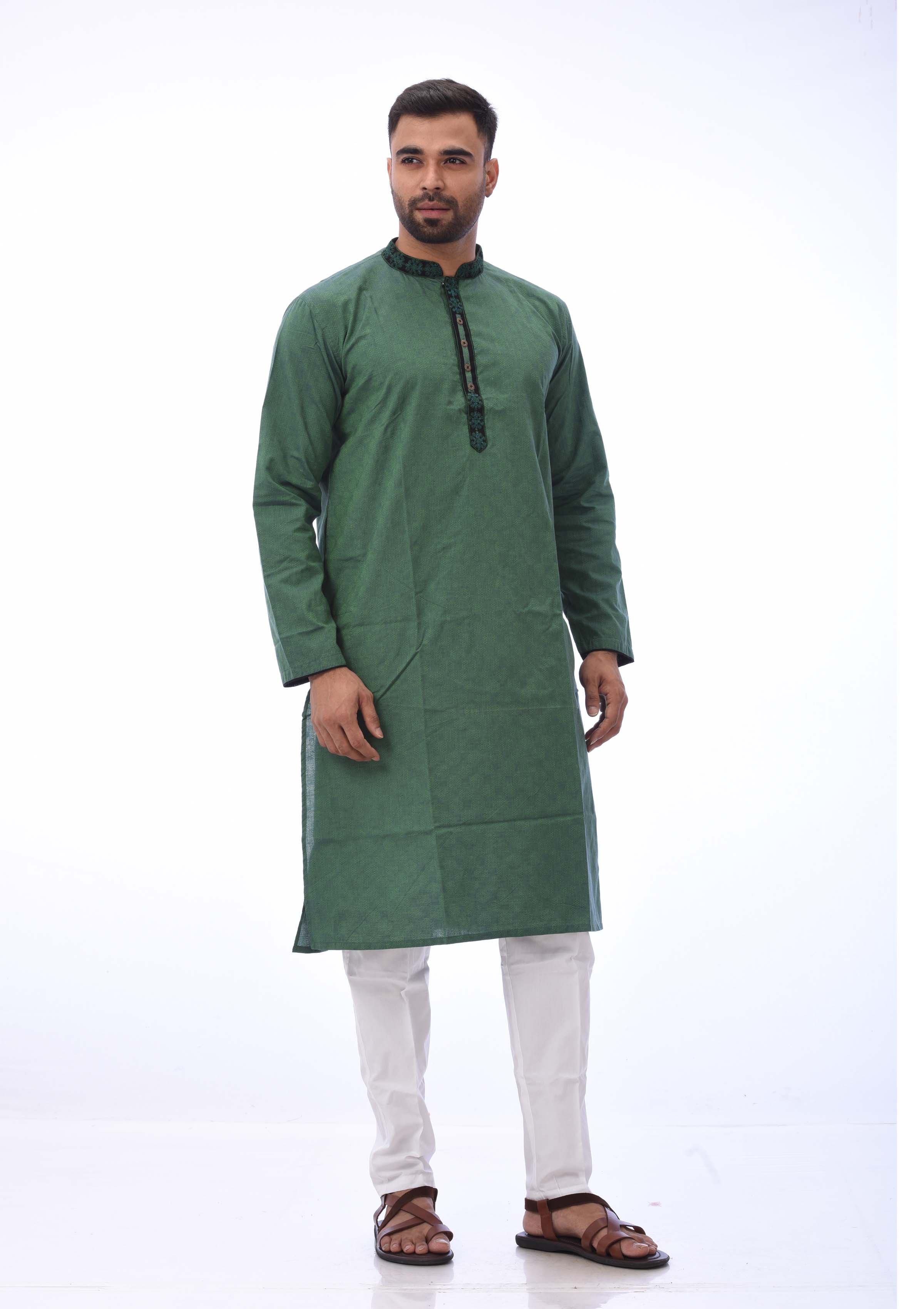Green Cotton Panjabi And Embroidered